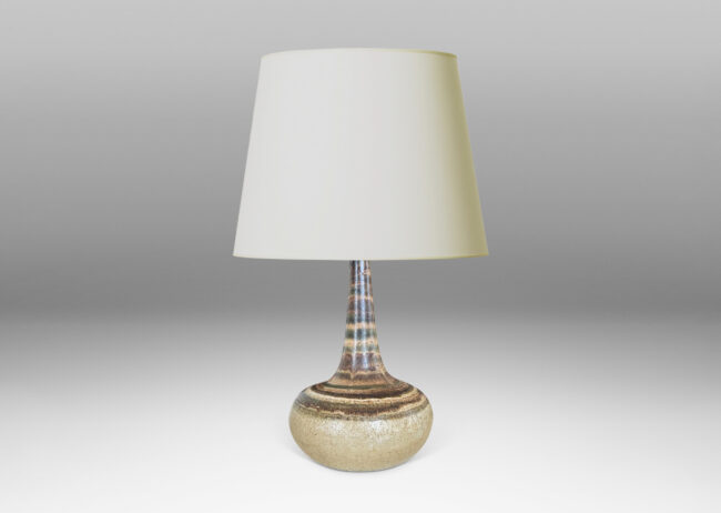Gallery BAC large pawn -like form with compressed body and tall conical neck, glazed in pale tan, with watery bands of brown and green