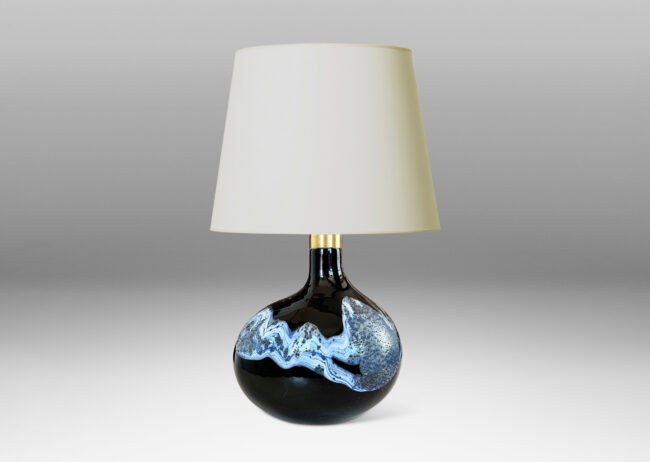 Gallery BAC organically modeled form in dark purple with wavy white accent; hand-blown glass