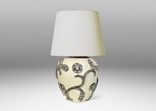 Gallery BAC tapered globe form encircled in applied relief stylized floral ornamentation, glazed in craquel ivory and black