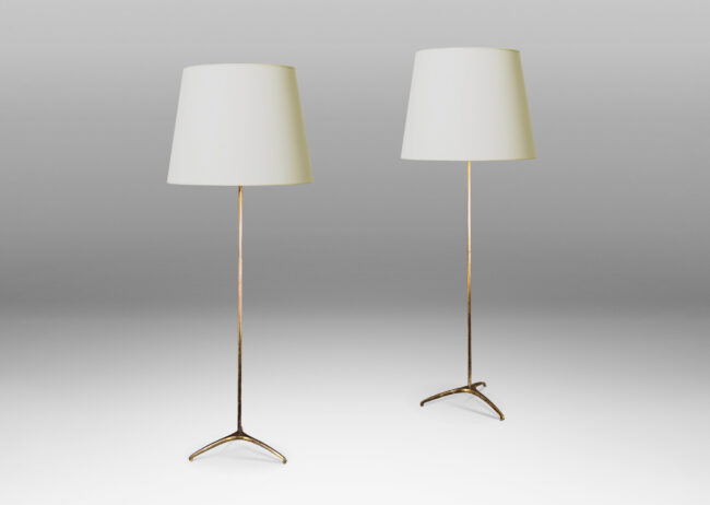 Gallery BAC sleek tripod base with scroll feet and slender stands; solid brass
