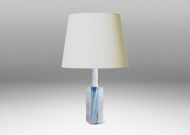 Gallery BAC cylindrical form with tall neck, glazed in pale speckled gray, with chevron stripe in light blue