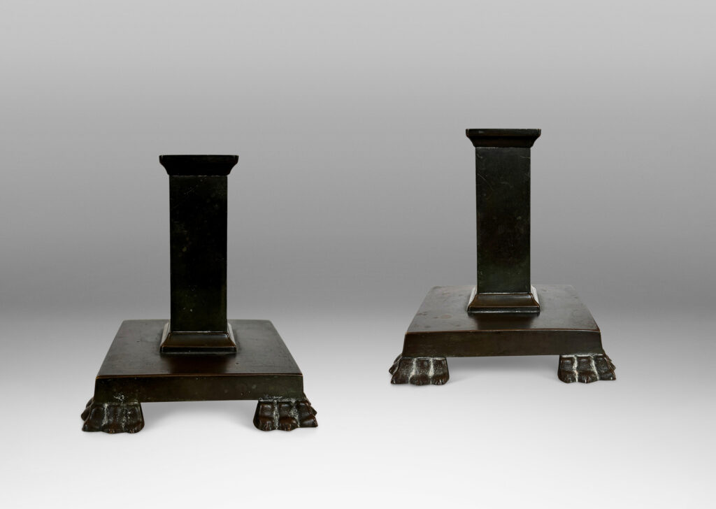 Gallery BAC square pillars and bases with lion paw feet; patinated bronze