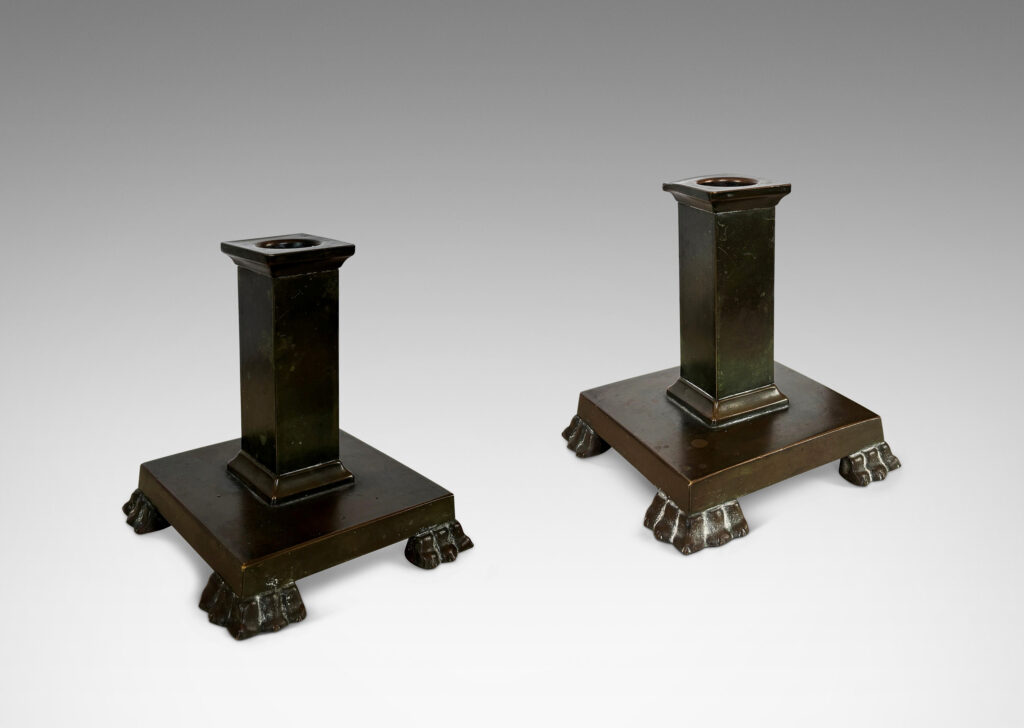 Gallery BAC square pillars and bases with lion paw feet; patinated bronze