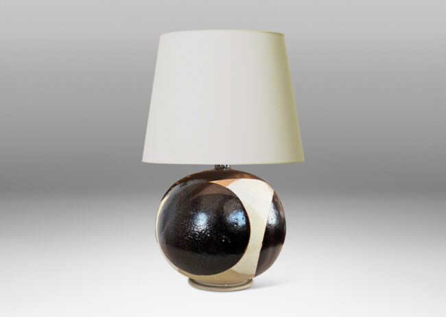 Gallery BAC plump globe form, glazed in overlapping circular forms in dark brown, pale gray and transparent pale taupe