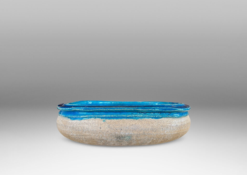 Gallery BAC softly molded squared form, partially glazed with a gloss azure inside and along the rim