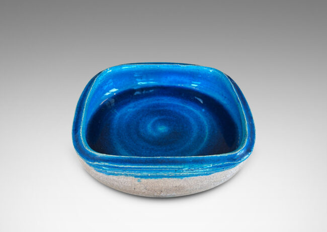 Gallery BAC softly molded squared form, partially glazed with a gloss azure inside and along the rim