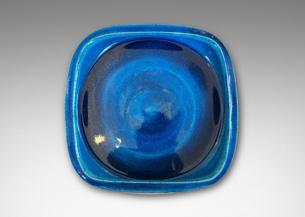 Gallery BAC softly molded squared form, partially glazed with a gloss azure inside and along the rim
