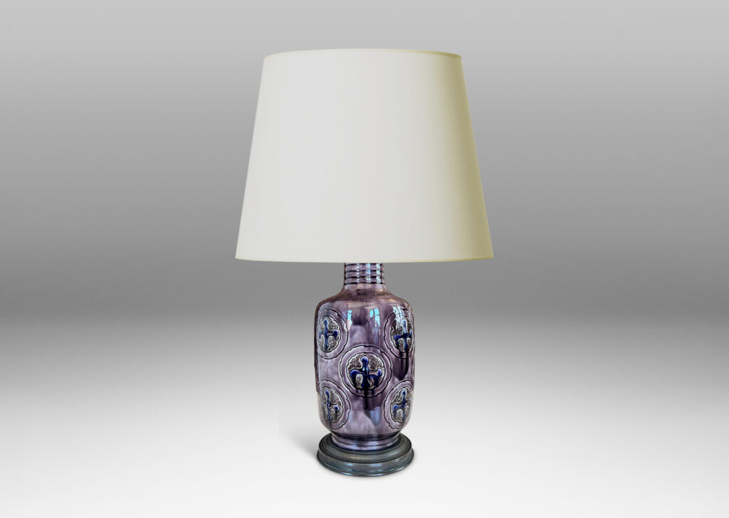 Gallery BAC cylindrical albarello form, with carved cross pommée medallions, glazed in purple, violet and gray