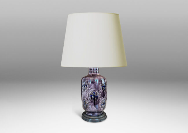 Gallery BAC cylindrical albarello form, with carved cross pommée medallions, glazed in purple, violet and gray