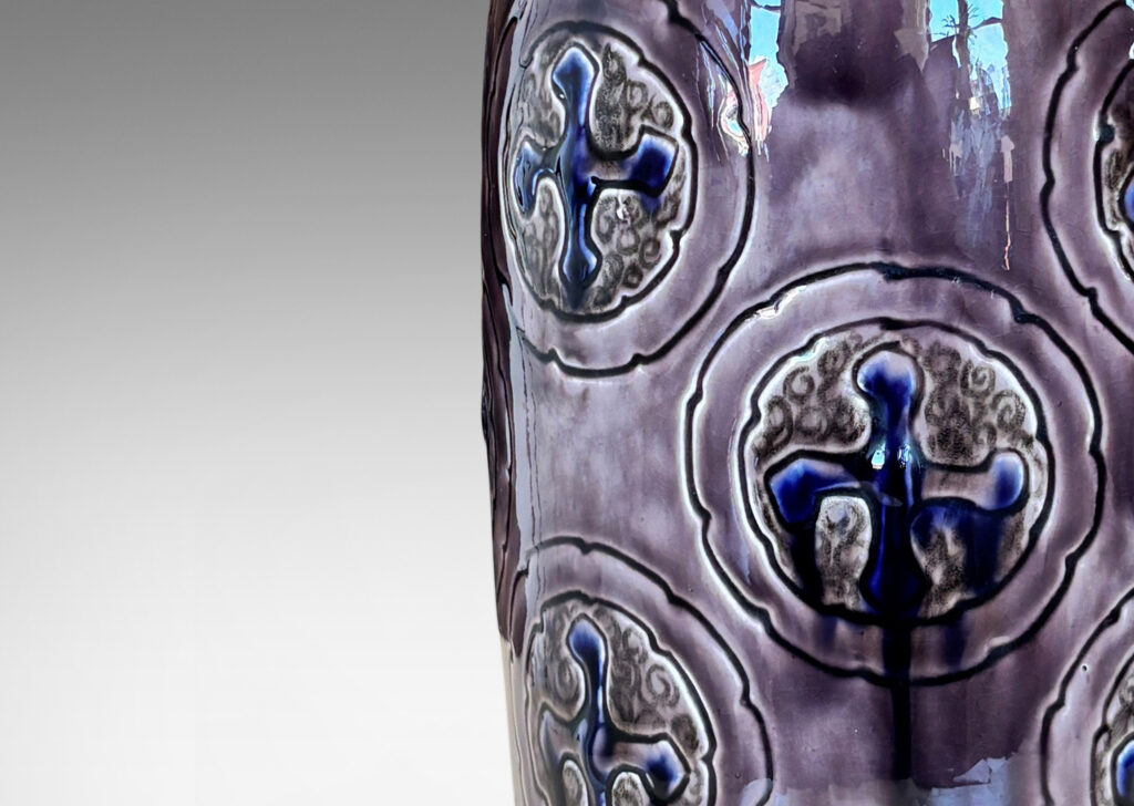 Gallery BAC cylindrical albarello form, with carved cross pommée medallions, glazed in purple, violet and gray