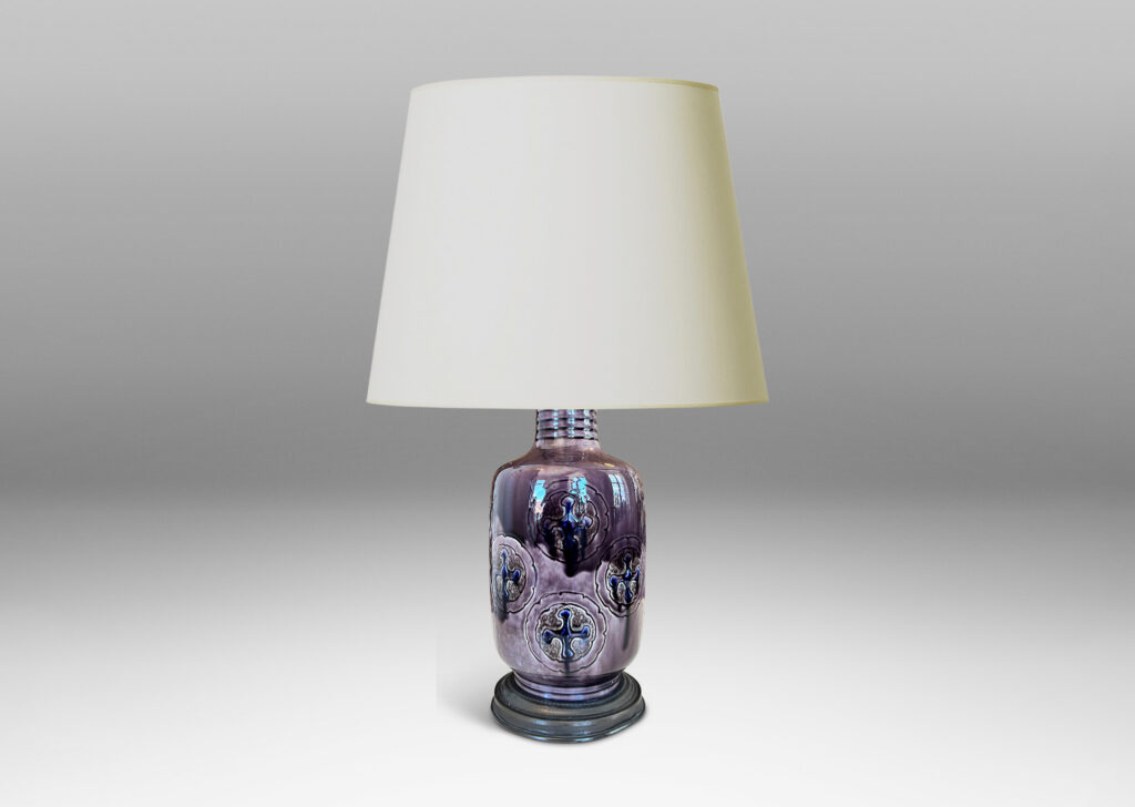Gallery BAC cylindrical albarello form, with carved cross pommée medallions, glazed in purple, violet and gray