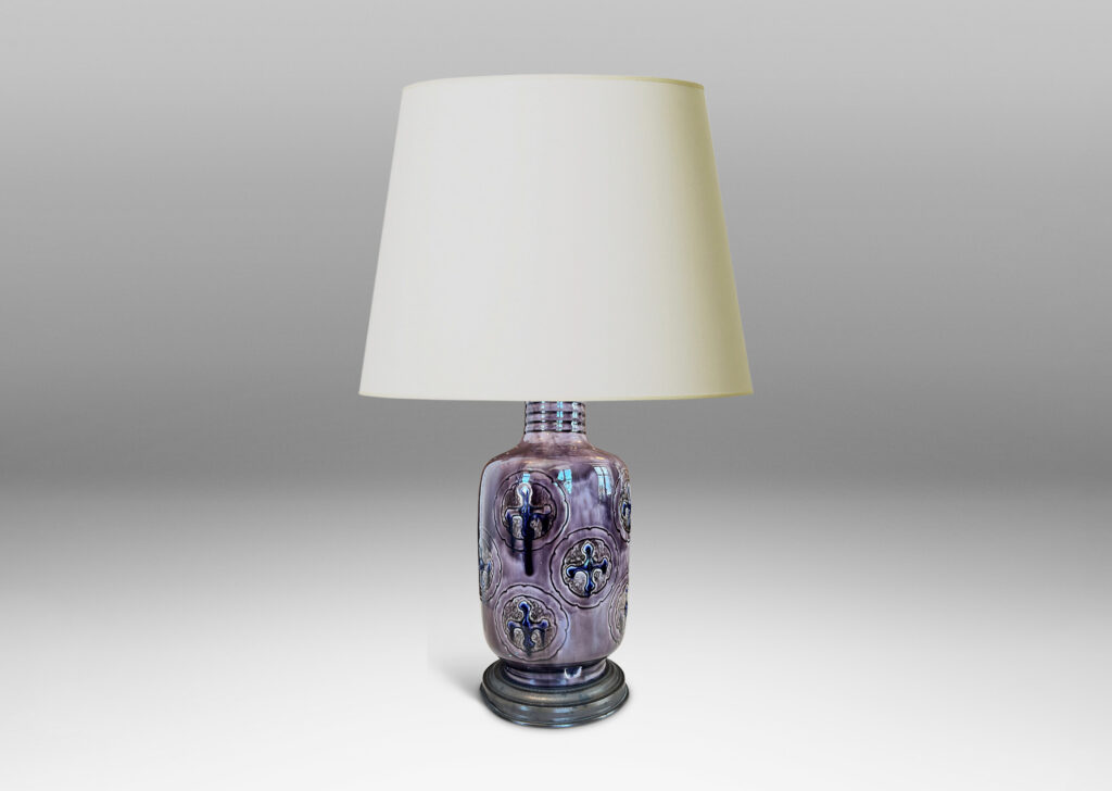 Gallery BAC cylindrical albarello form, with carved cross pommée medallions, glazed in purple, violet and gray