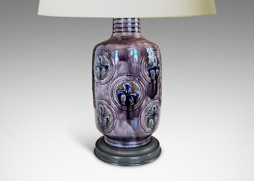 Gallery BAC cylindrical albarello form, with carved cross pommée medallions, glazed in purple, violet and gray