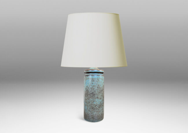 Gallery BAC ylindrical form with exotic capped top, glazed in a soft blue with brown