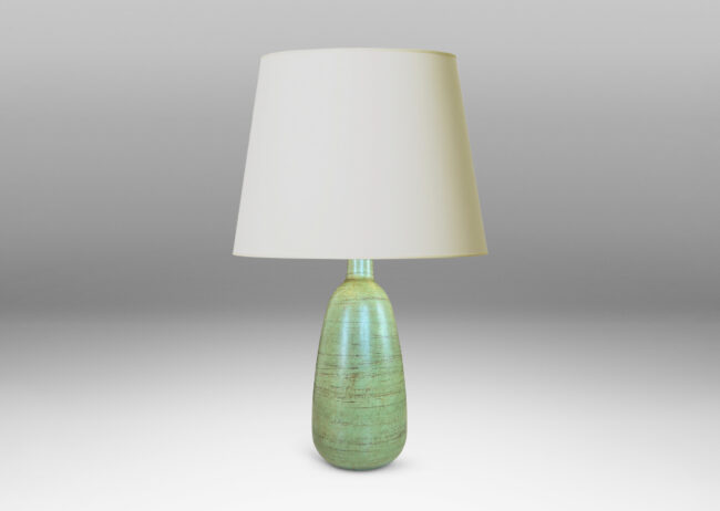 Gallery BAC carrot-like tapered ovoid form, glazed in a soft green tone with brown striae
