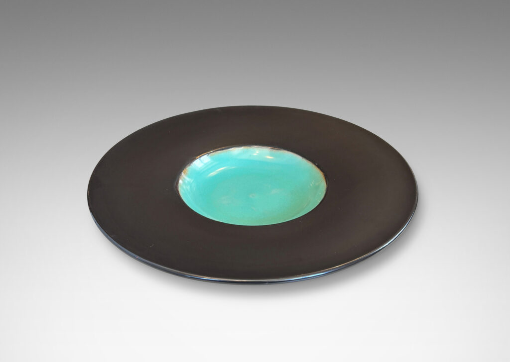 Gallery BAC shallow center glazed in celadon blue, and very wide lip in a sublime gunmetal luster