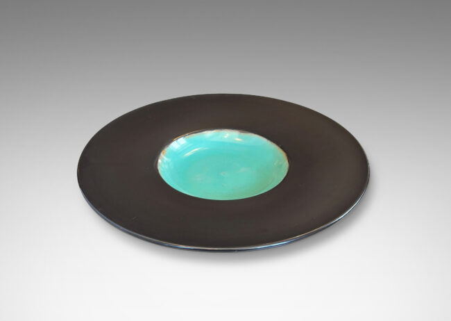 Gallery BAC shallow center glazed in celadon blue, and very wide lip in a sublime gunmetal luster