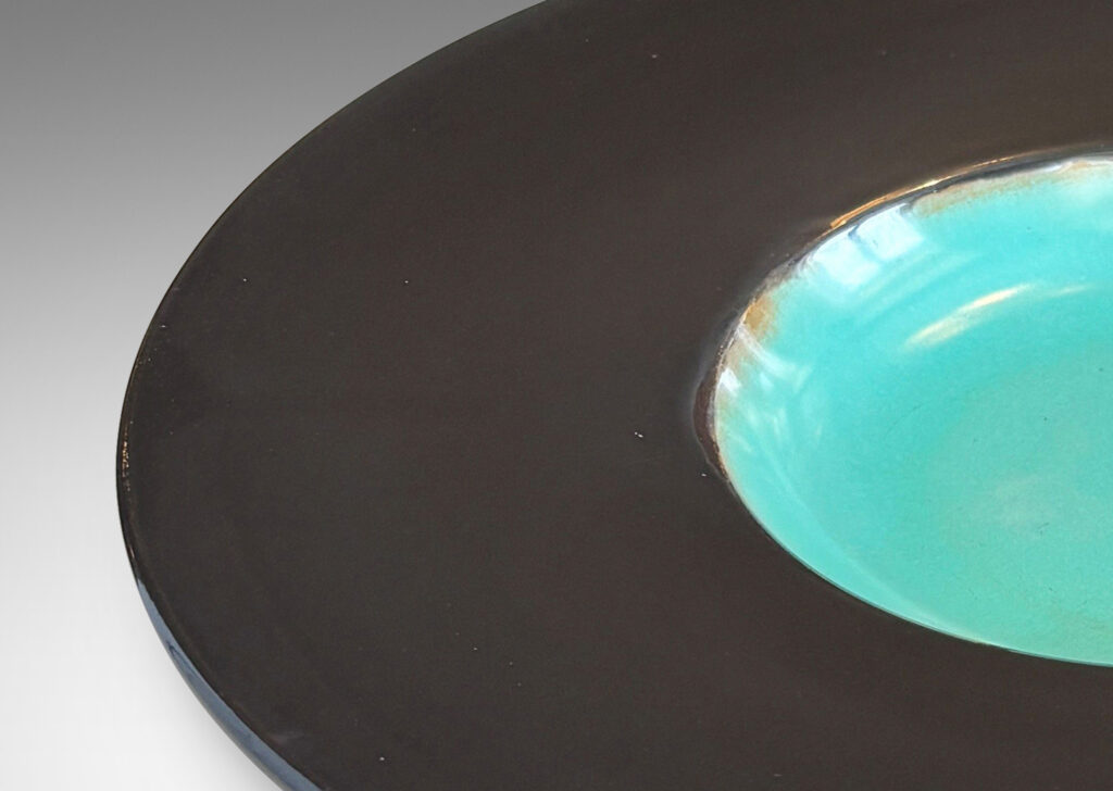 Gallery BAC shallow center glazed in celadon blue, and very wide lip in a sublime gunmetal luster