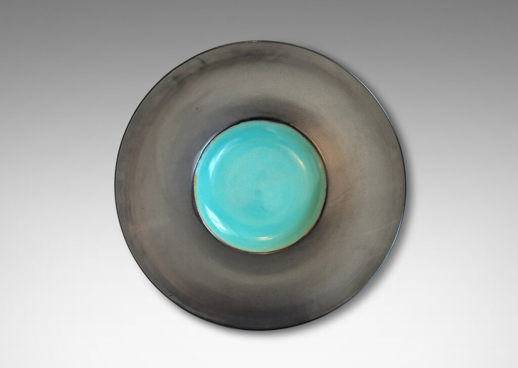 Gallery BAC shallow center glazed in celadon blue, and very wide lip in a sublime gunmetal luster