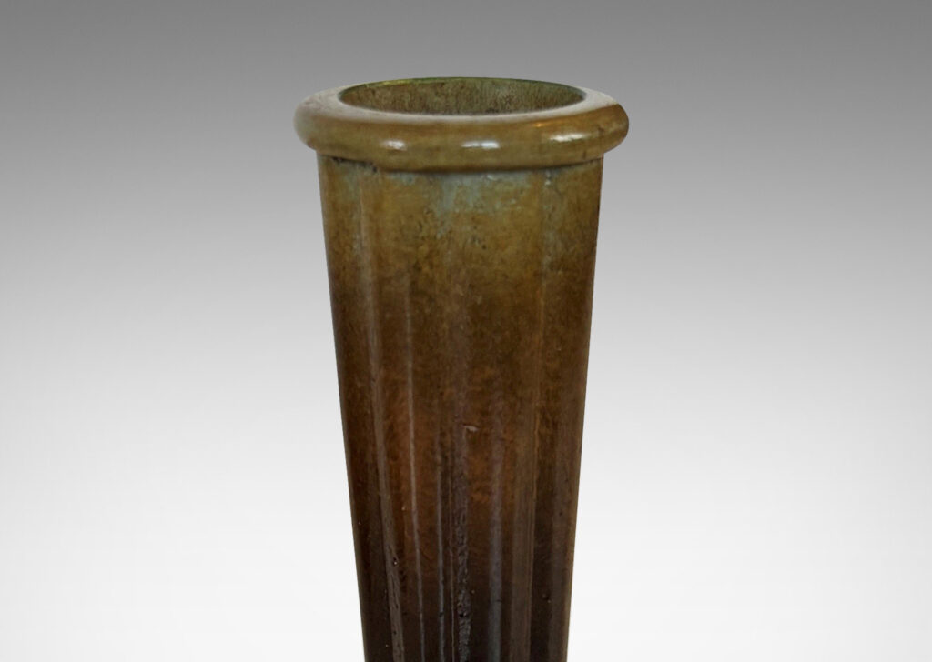 Gallery BAC fluted trumpet sockets and square base over a scalloped reveals, finished with a handsome enameled verdigris-antique patination