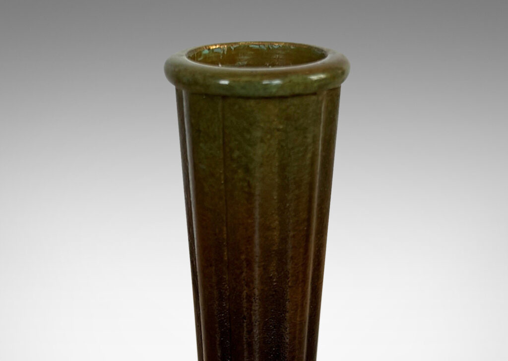 Gallery BAC fluted trumpet sockets and square base over a scalloped reveals, finished with a handsome enameled verdigris-antique patination