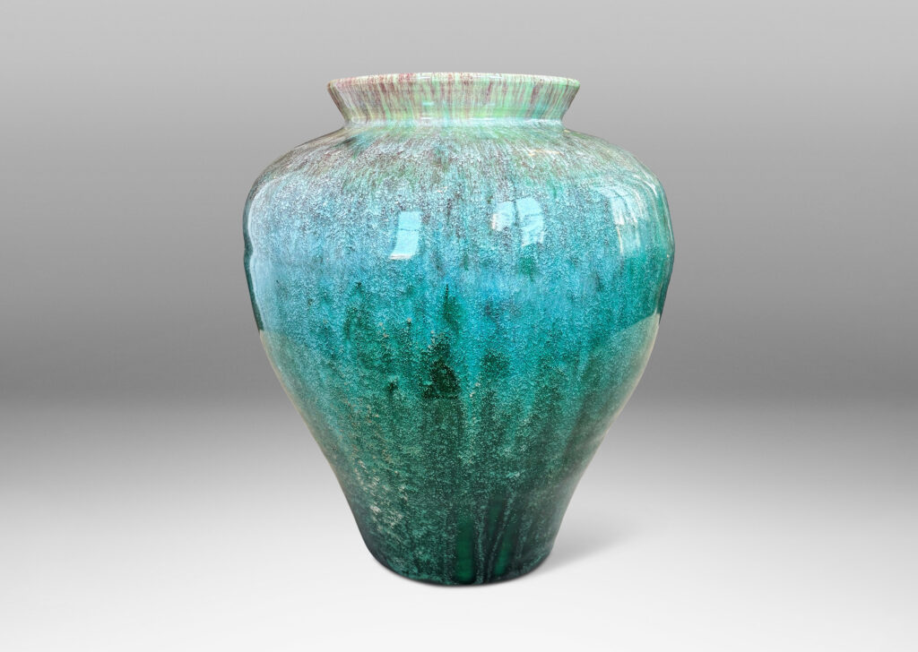 Gallery BAC large tapered form with wide cuff neck, glazed in a marvelous flowing tonal green tones