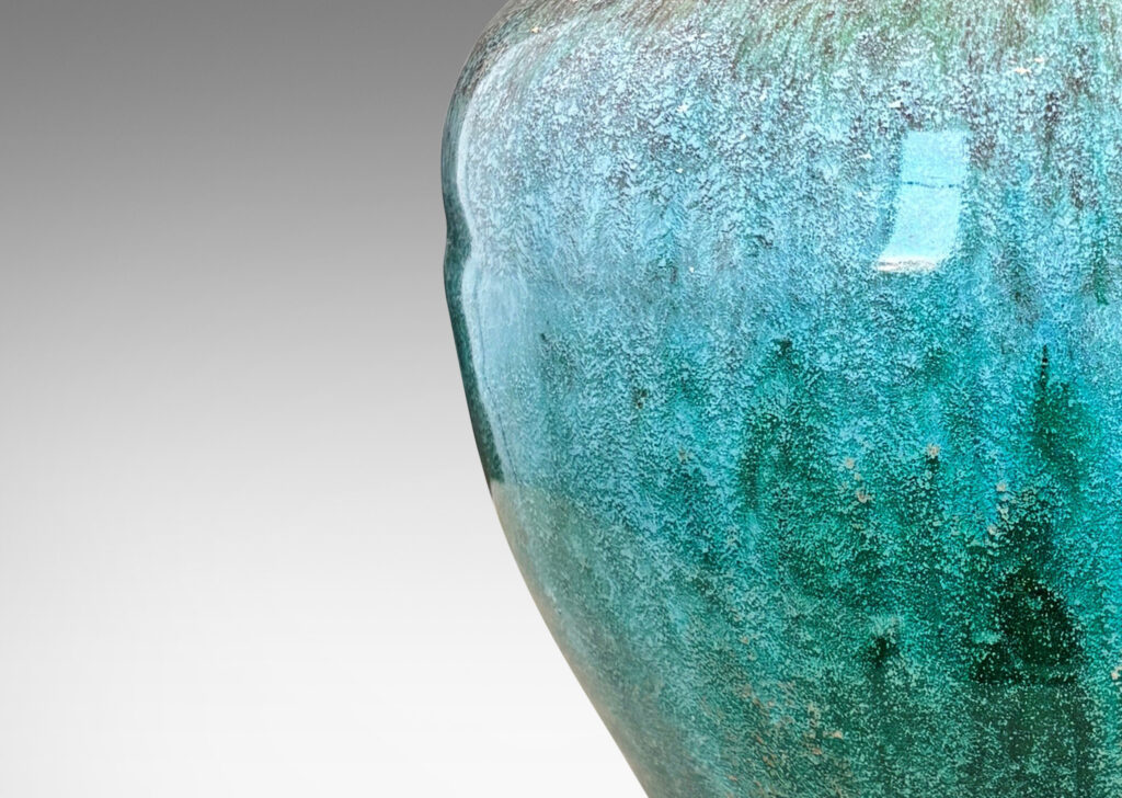 Gallery BAC large tapered form with wide cuff neck, glazed in a marvelous flowing tonal green tones