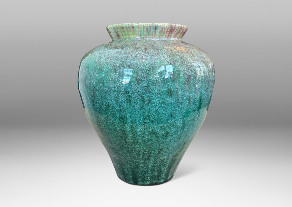 Gallery BAC large tapered form with wide cuff neck, glazed in a marvelous flowing tonal green tones