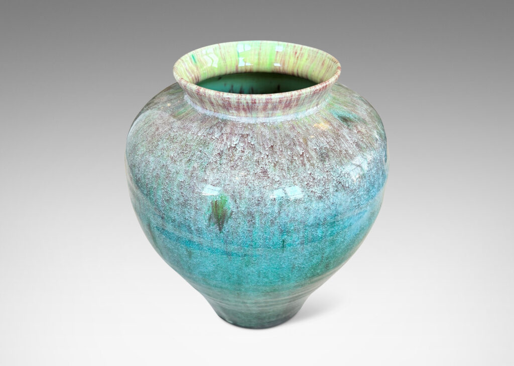 Gallery BAC large tapered form with wide cuff neck, glazed in a marvelous flowing tonal green tones