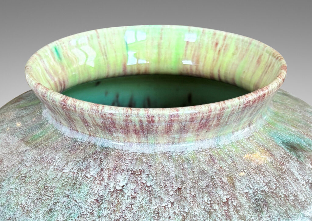 Gallery BAC large tapered form with wide cuff neck, glazed in a marvelous flowing tonal green tones