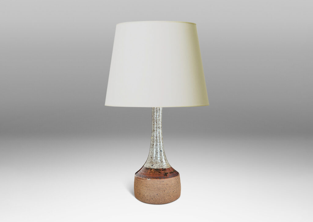 Gallery BAC drum form with tall sprouting neck, partially glazed in mottled pale gray and black-red luster