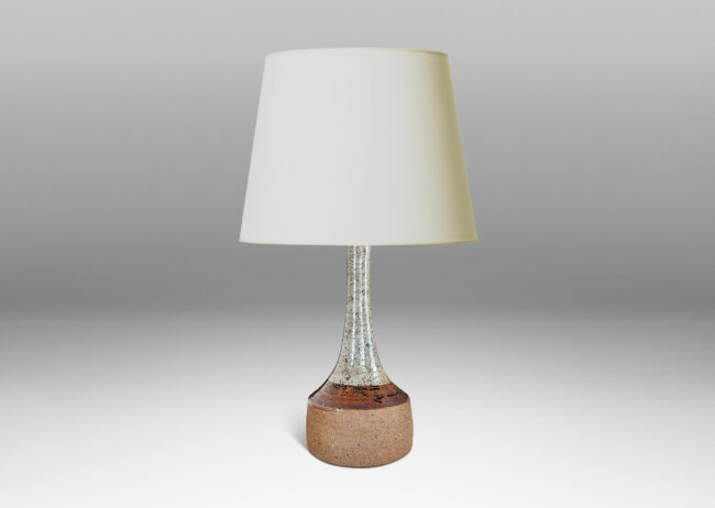Gallery BAC drum form with tall sprouting neck, partially glazed in mottled pale gray and black-red luster