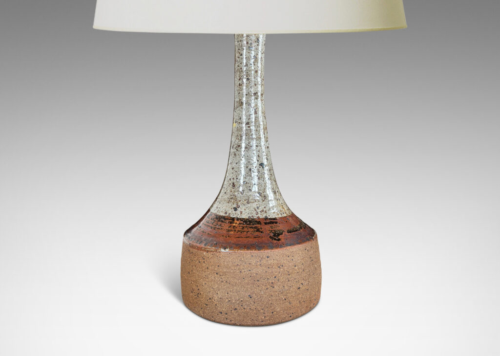 Gallery BAC drum form with tall sprouting neck, partially glazed in mottled pale gray and black-red luster