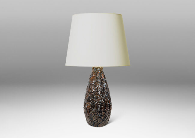 Gallery BAC large drop form with scrolling reliefs and carved gouged texture, glazed in a shiny dark brown