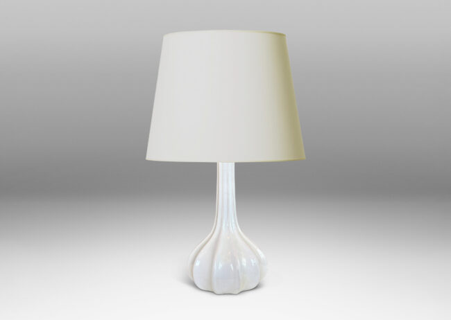 Gallery BAC fluted decanter-like form with low bulbous body and tall neck, glazed in a shiny white