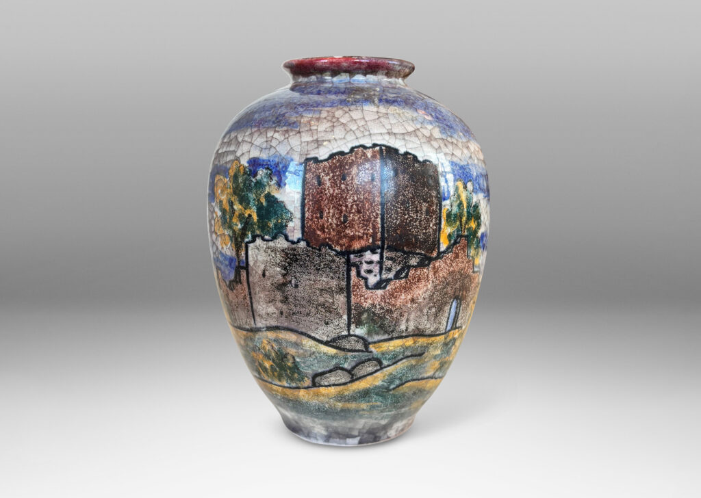 Gallery BAC tapered form glazed in pale gray craquel, decorated with a hand-painted scene of a castle in brown, green and blue