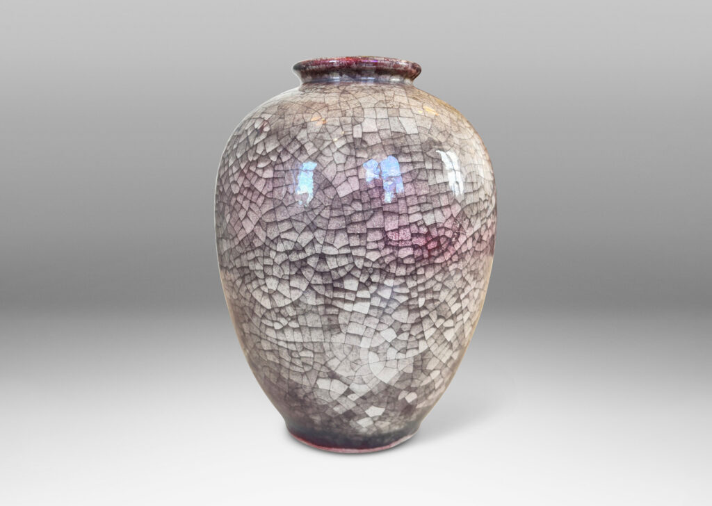 Gallery BAC tapered form glazed in pale gray craquel, decorated with a hand-painted scene of a castle in brown, green and blue