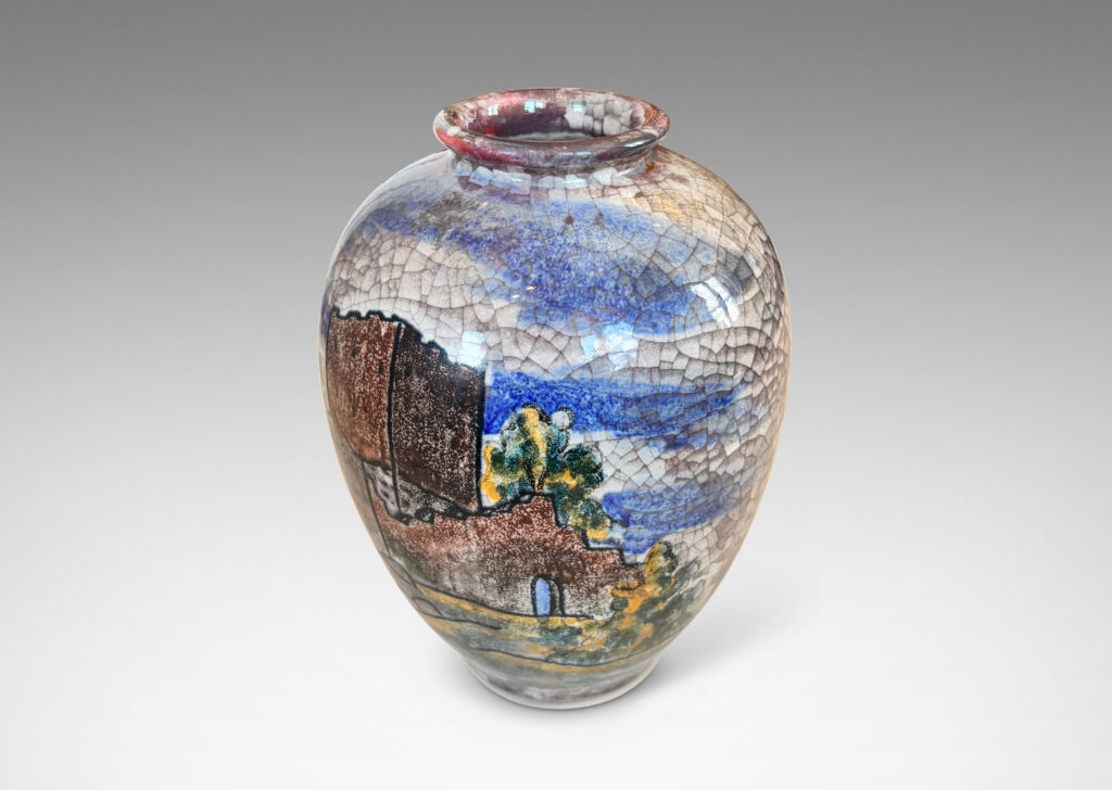 Gallery BAC tapered form glazed in pale gray craquel, decorated with a hand-painted scene of a castle in brown, green and blue