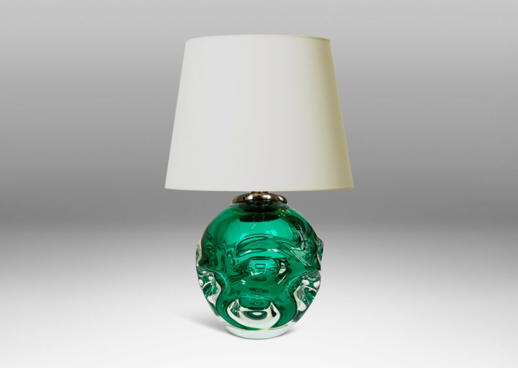 Gallery BAC ovoid form with pulled arch motifs in light alpine green within clear hand-blown crystal