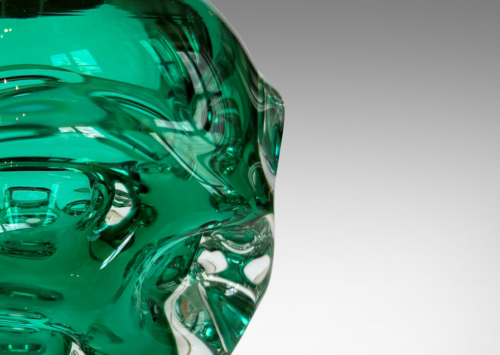 Gallery BAC ovoid form with pulled arch motifs in light alpine green within clear hand-blown crystal