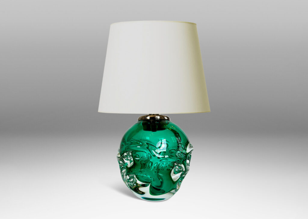 Gallery BAC ovoid form with pulled arch motifs in light alpine green within clear hand-blown crystal