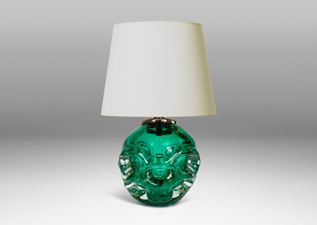 Gallery BAC ovoid form with pulled arch motifs in light alpine green within clear hand-blown crystal