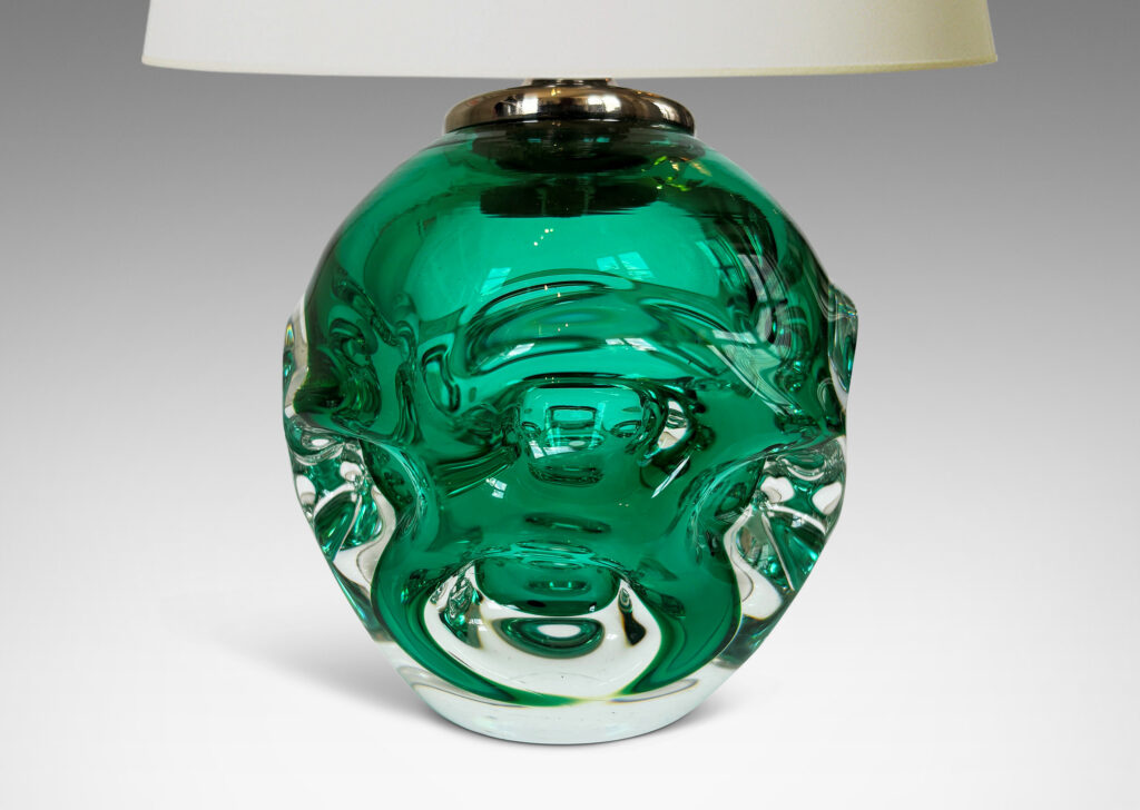 Gallery BAC ovoid form with pulled arch motifs in light alpine green within clear hand-blown crystal