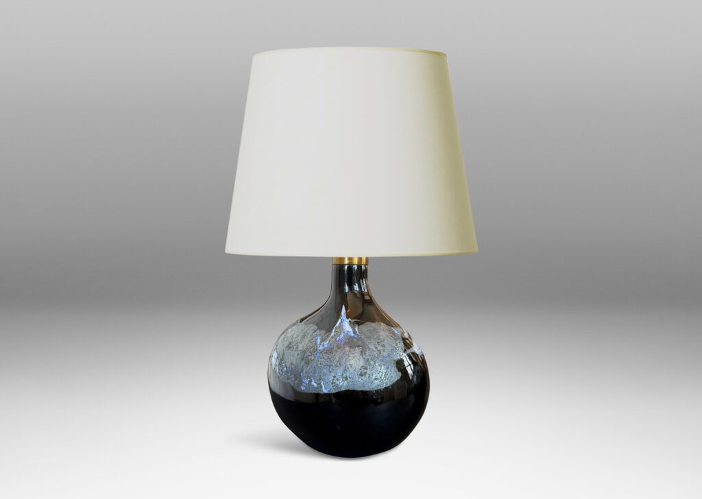 oblong forms with offset sprouting necks, in black with wavy nacreous collar