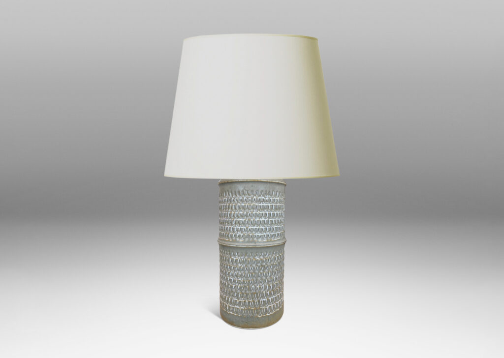 Gallery BAC large cylindrical forms with notched bands and relief rows of triangle motifs, glazed in light warm gray