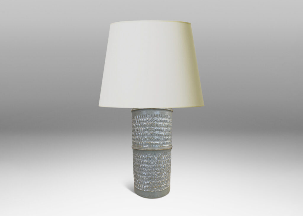 Gallery BAC large cylindrical forms with notched bands and relief rows of triangle motifs, glazed in light warm gray