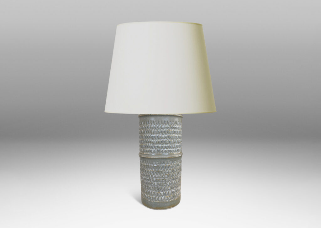 Gallery BAC large cylindrical forms with notched bands and relief rows of triangle motifs, glazed in light warm gray