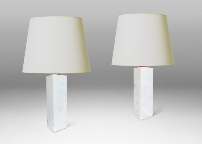 Gallery BAC medium scale square pillar forms with small conical stands; marble and teak
