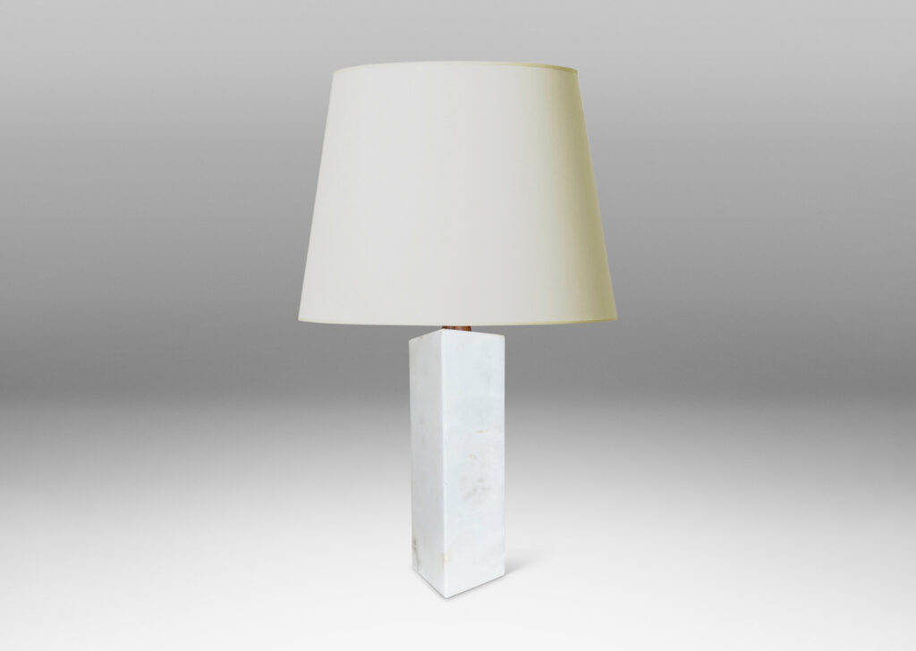 Gallery BAC medium scale square pillar forms with small conical stands; marble and teak