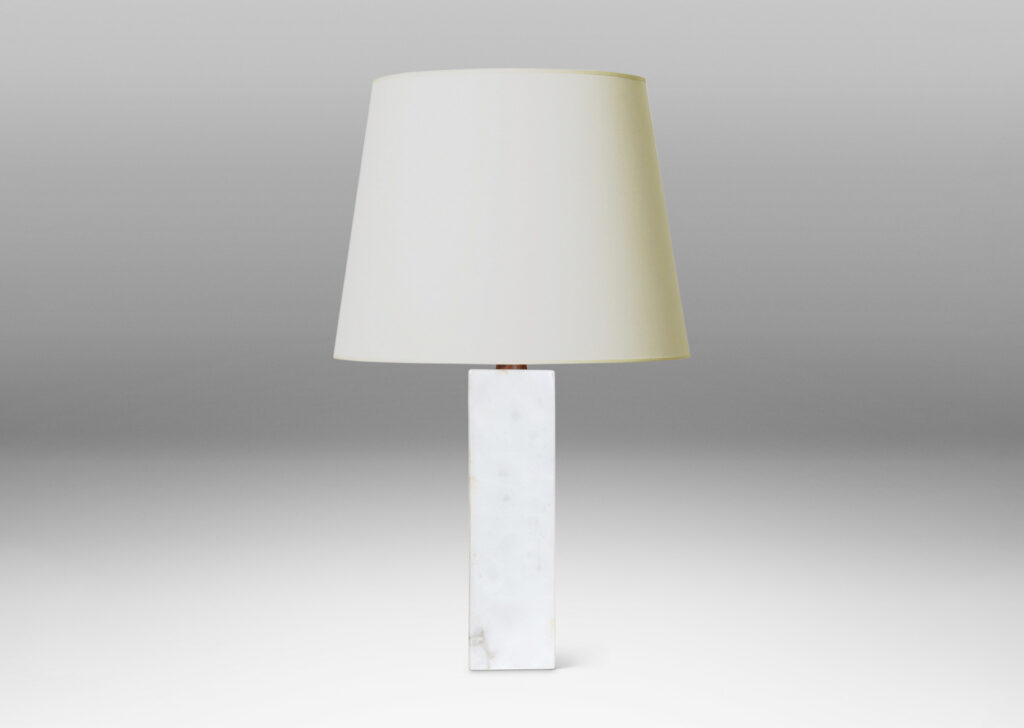 Gallery BAC medium scale square pillar forms with small conical stands; marble and teak